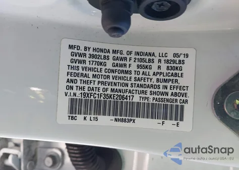 2019 Honda Civic Ex from USA, damaged, VIN 19XFC1F35KE206417